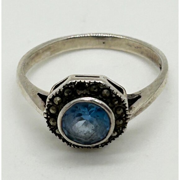 Vintage Sterling Silver Ring Blue Stone Marcasite Art Deco Revival1980s Size 7 - Picture 6 of 12